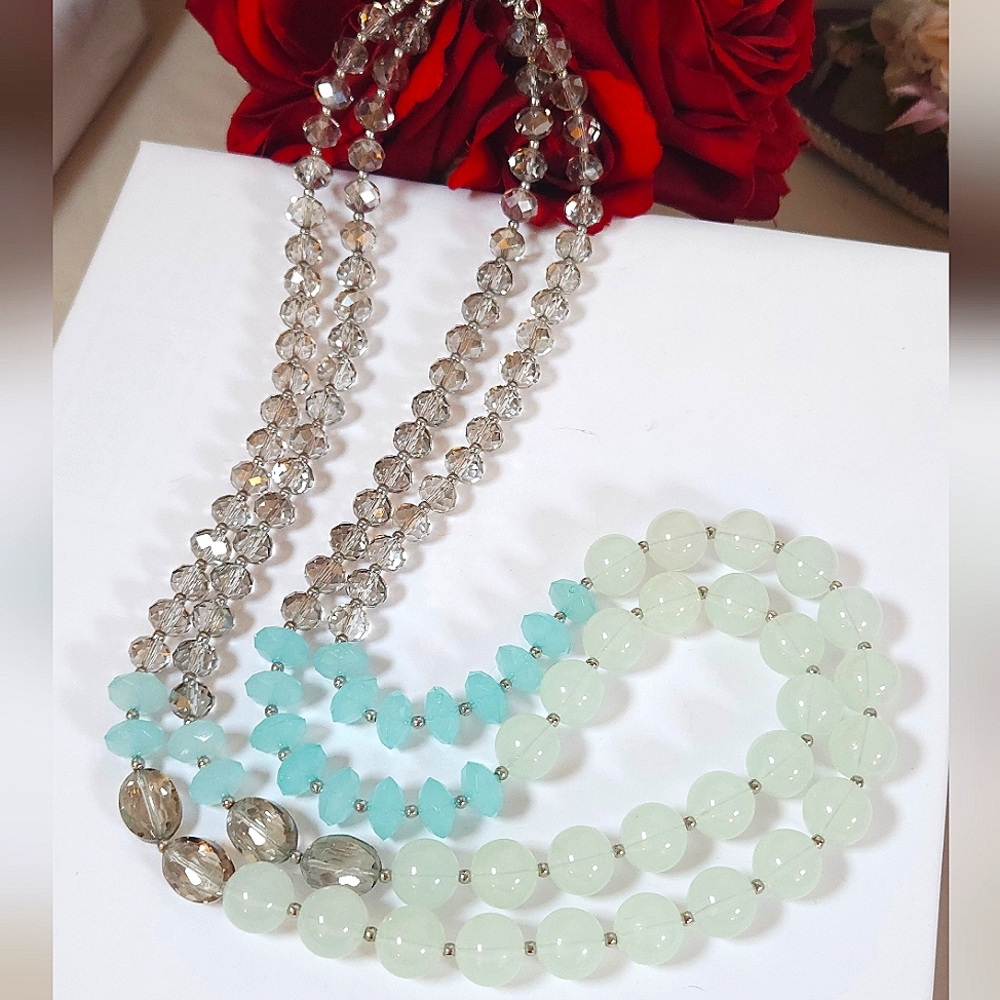 Ann Taylor LOFT Silver Glass Crystal & Baby Blue Lucite Crystal Necklace